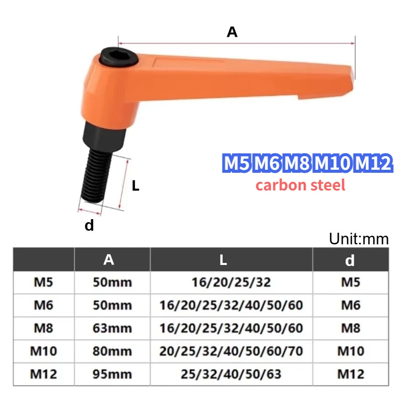 Orange Clamping Lever Adjustable Handle Clamping Handle Screws Bolt M5 M6 M8 M10 M12 Locking External Male Thread Knob