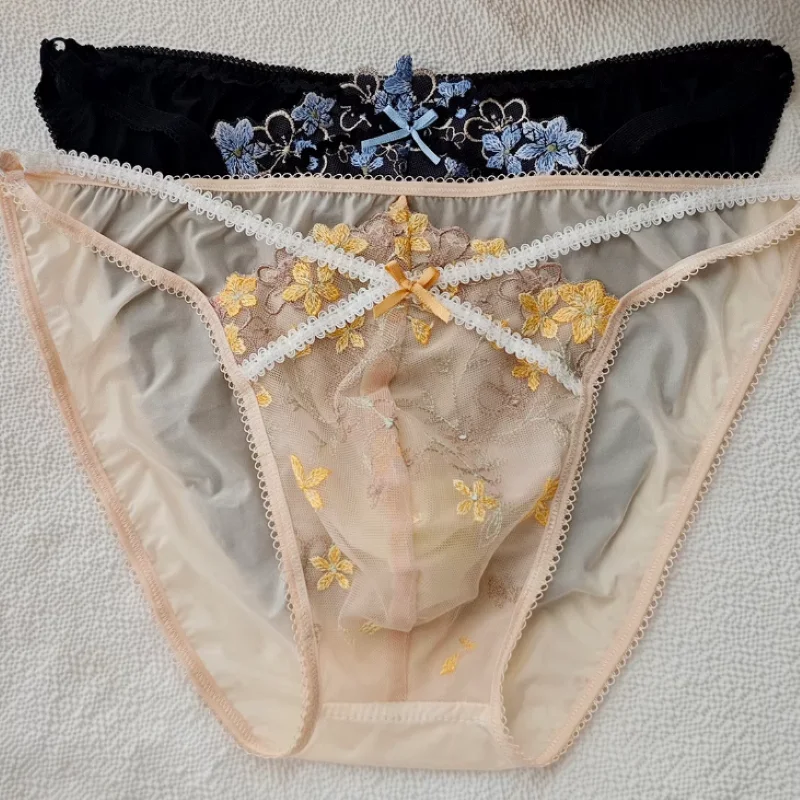 Men's Sexy Briefs Sissy Lace Embroidered Silky Erotic Lingerie Comfortable Convex Pouch Low waist Bow Sweet Gay Panties
