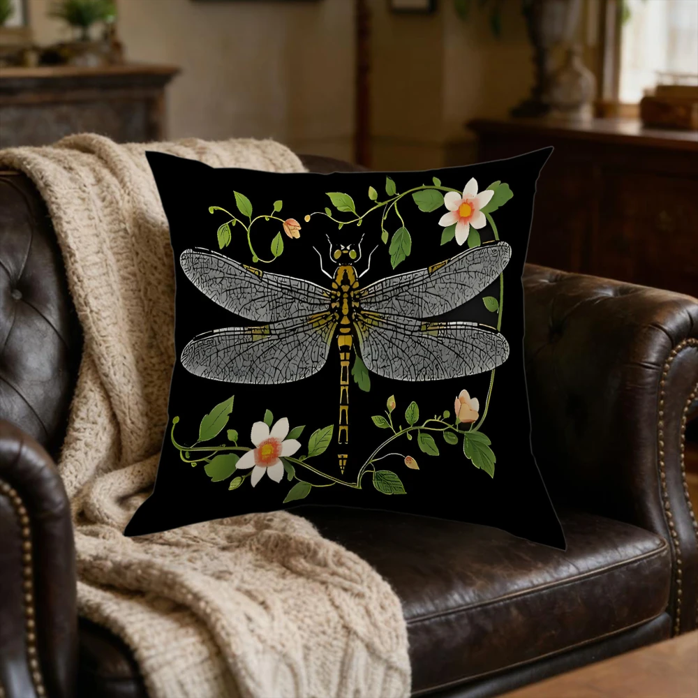 1pc Vintage Dragonfly Floral Cushion Cover Black Botanical Insect Print Pillowcase For Sofa Bed Living Room Decorative Home Acce