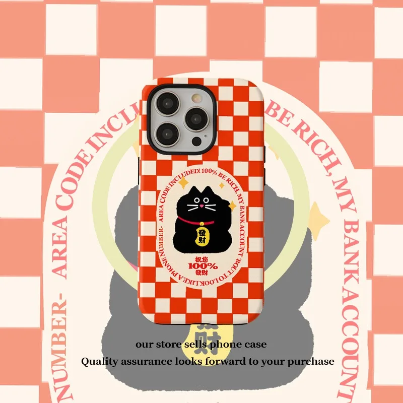 Cute Plaid Lucky Cat Phone Case for Samsung Galaxy S20 S23 S24 S25 S26 FE Plus Ultra Edge 4G 5G Luxury Double-layer Back Cover