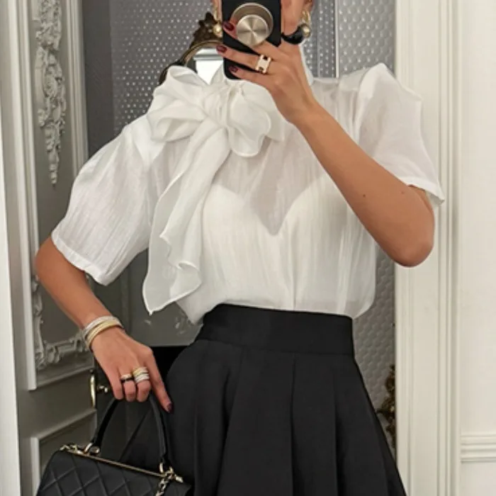 

Chic Summer Vintage Fashion Knot Tie Half High Collar Thin Short Sleeve Shirt Women Trendy French Style Loose Fit C...