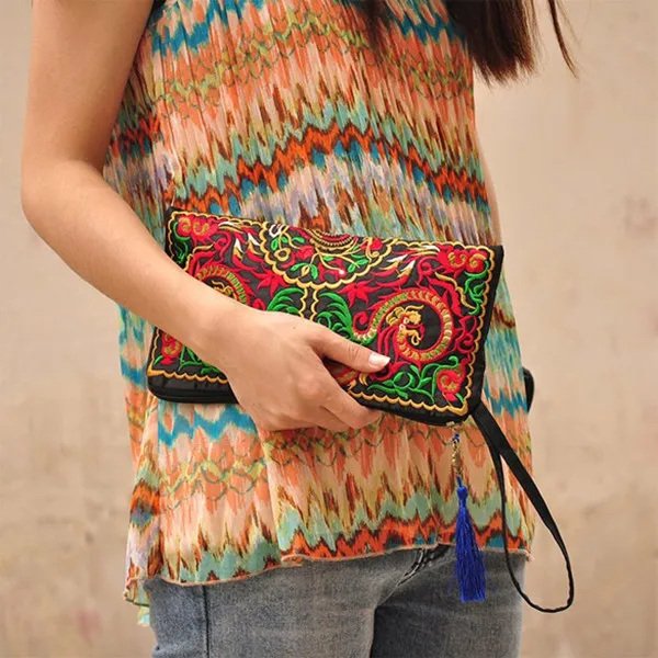 Women Floral Embroidered Boho Wristlet Girls Evening Clutch Bags Handbags Handmade Beach Bag With Lanyard