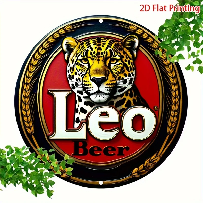 Lion Beer Vintage Metal Wall Sign, 8x8 Inch 2D Flat Printed Gold Laurel Wreath Leopard Pattern Wall Art, Rustic Home Bar Kitchen