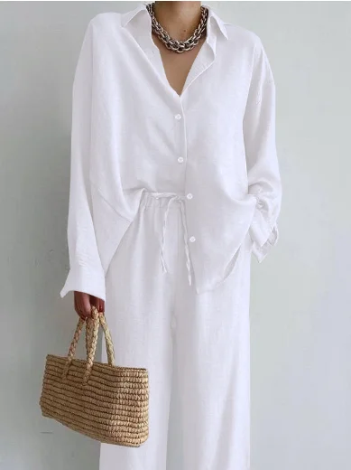 Summer Fashion New Matching Collection Women\'s Loose Single Breasted Top High Waist Wide Leg Pants Cotton Linen Two Piece Sets