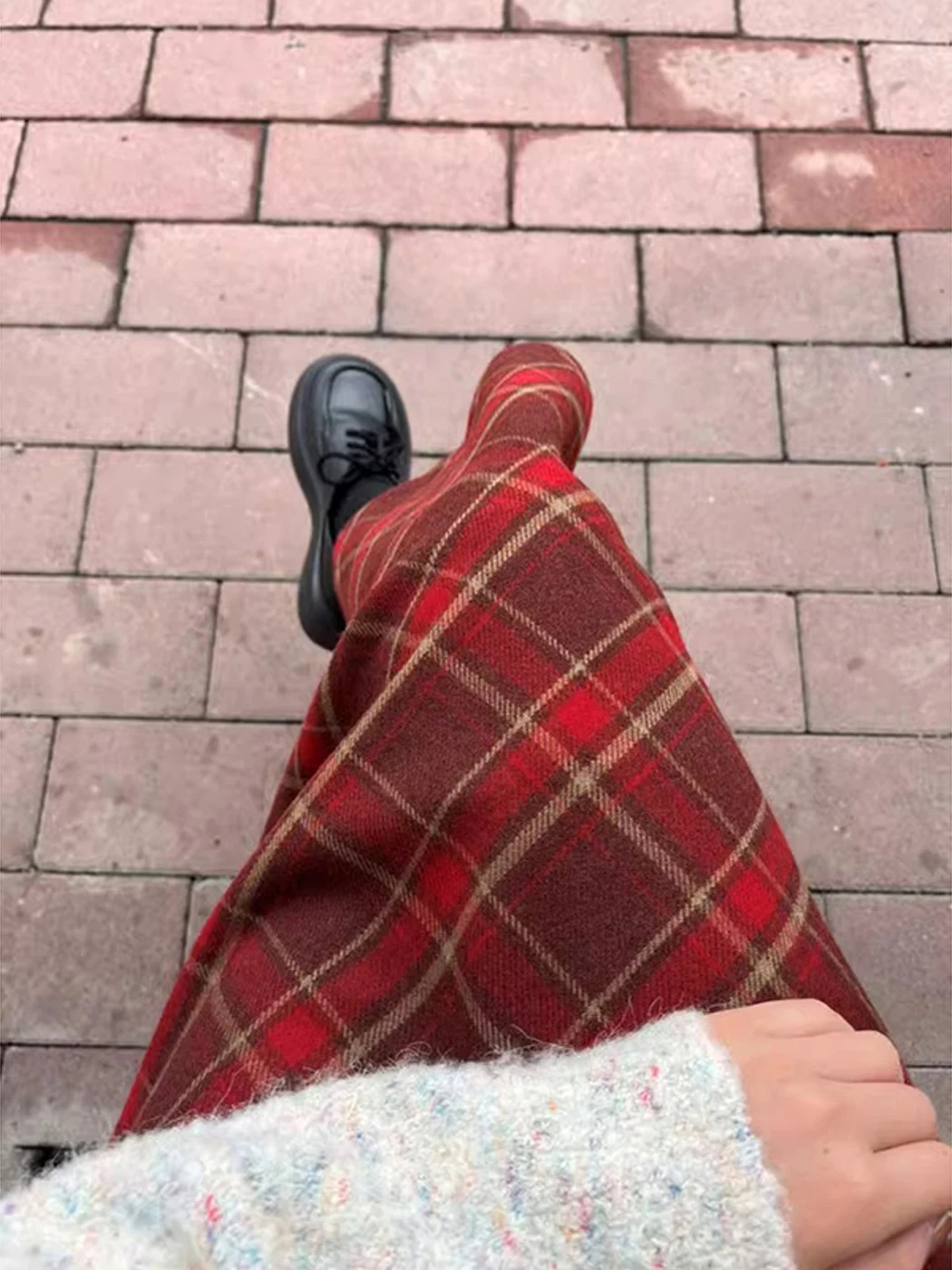 レッドチェック柄ウールスカート女性のハイウエスト痩身デザインAラインスカートレトロSle f-lengthスカート女性用