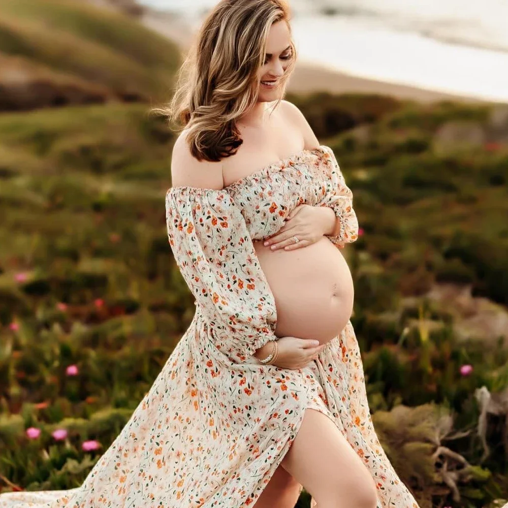 Two-Piece pregnant Photoshoot Dress For Women Floral chiffon Long Sleeved&Short Short Top Maternity Dresses For Baby Showers