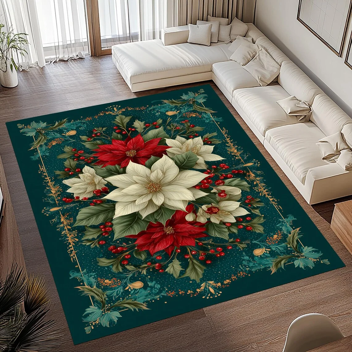 Weihnachtsstern-Blumenteppich, rutschfeste Bodenmatte, geeignet für Wohnzimmer, Schlafzimmer und Heimdekoration