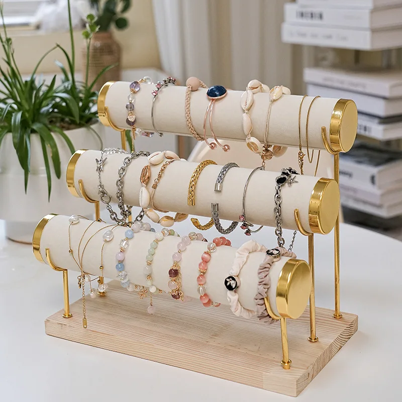 1/2/3 Layers Velvet Jewelry Display Bracelet Watch Chain Rack Wood Base Display Stand for Bangle Necklace HeadBand Organizer