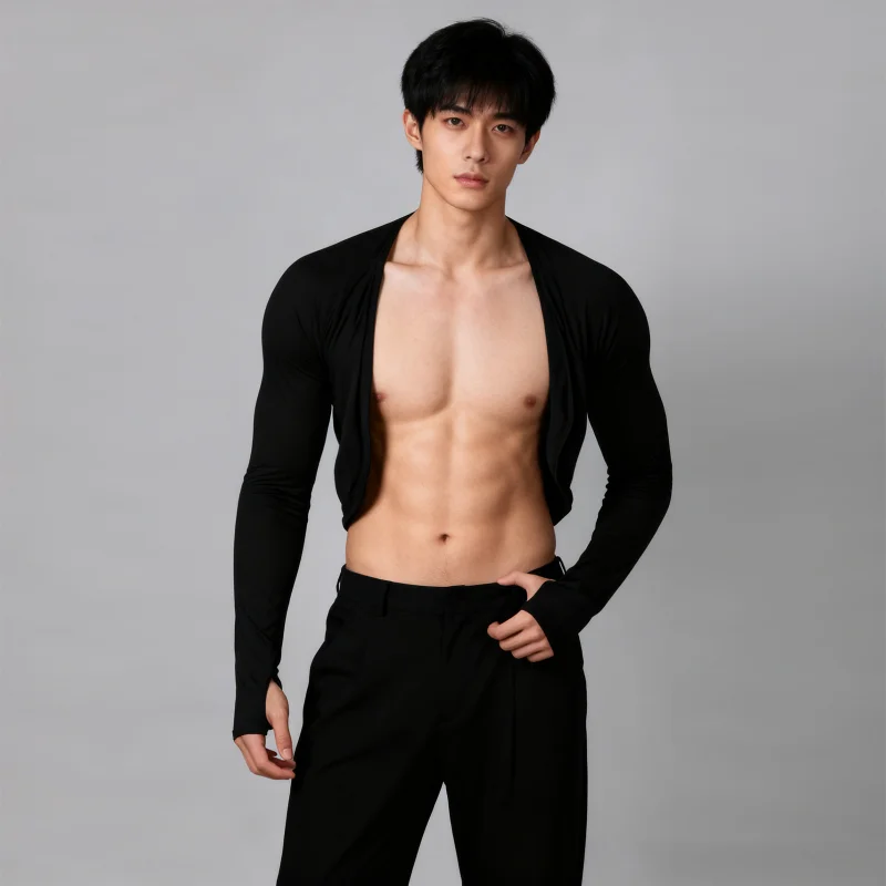 

Men's Cardigan Ice Silk Long Sleeve Short Top Sexy Mini Shaping Breast Performance Clothing Thin Breathable Singletss Coat