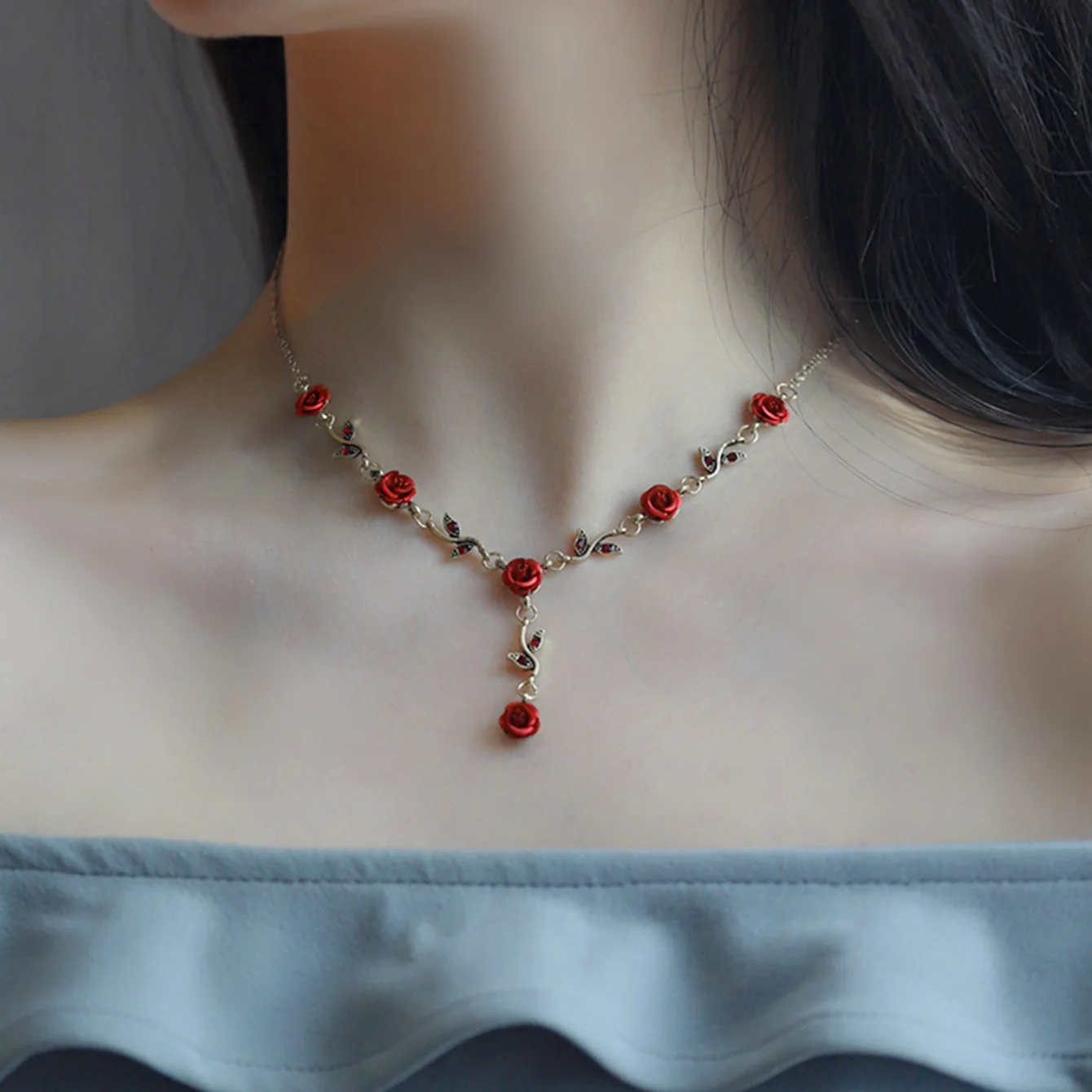 

Vintage French Rose Flower Necklace Earrings Bracelet Set for Women Romantic Elegant Red Rose Jewelry Sets Gift طقم مجوهرات