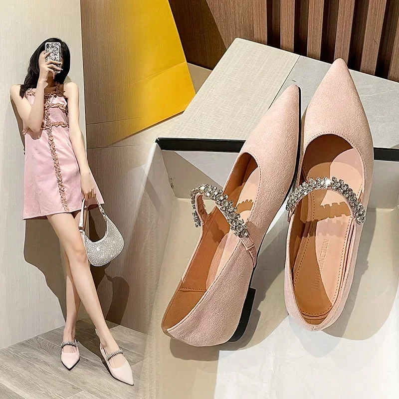 

Suede&japanned Leather Crystal Ankle Band Flat Shoes Woman Pointed Toe Rhinestone Ballet Flats Female Loafers Comfy Moccasins