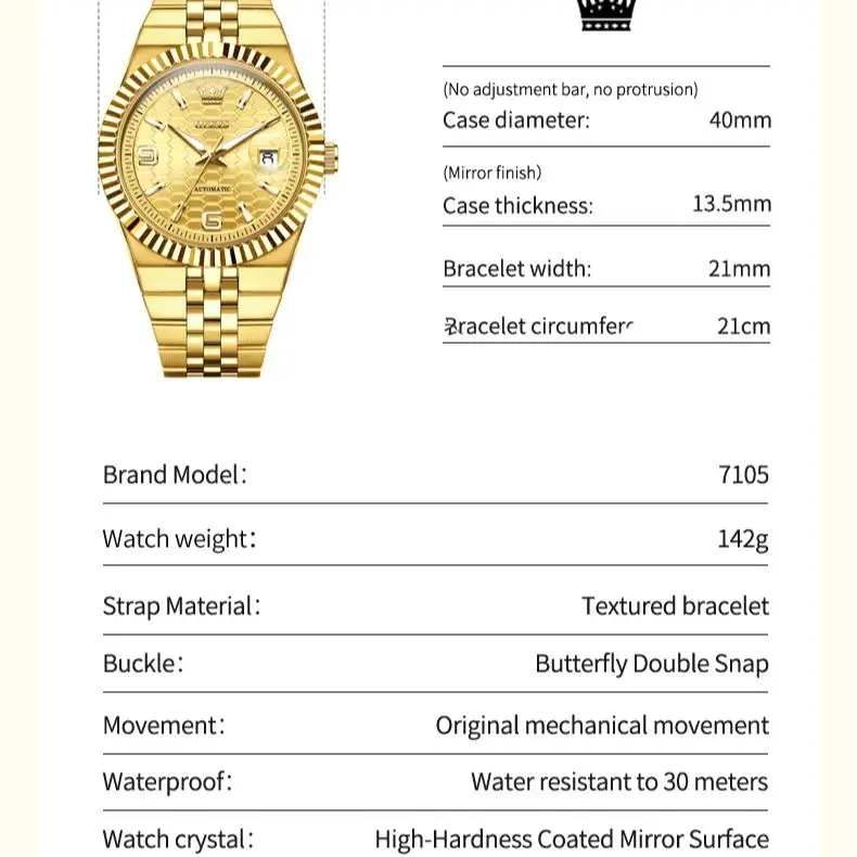 OLEVS 7105 ساعة رجالية فاخرة ذهبية جميع ساعة ميكانيكية أوتوماتيكية من الفولاذ المقاوم للصدأ مقاومة للماء تاريخ مضيء ساعة رجالية عالية Reloj #6