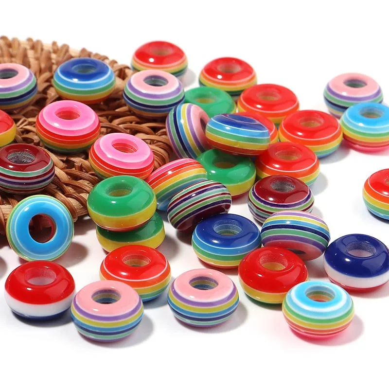 

50pcs/Lot 14x8mm Resin Rainbow Color Stripe Colorful Big Hole Beads Loose Spacer Beads for Jewelry Making Diy Bracelet Necklace
