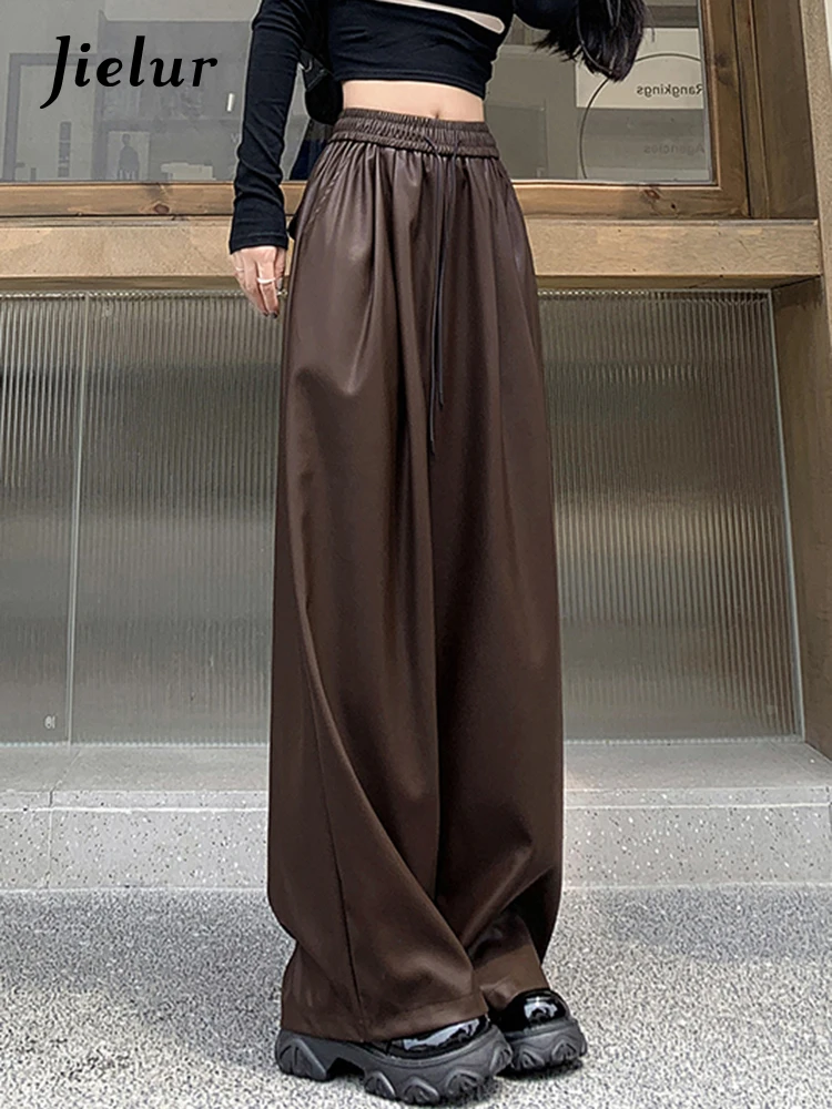 

Chicly Drawstring Elastic Waist Solid Color Women Pants American Basic Full Length Fashion Loose Straight Female Wide Leg Pants