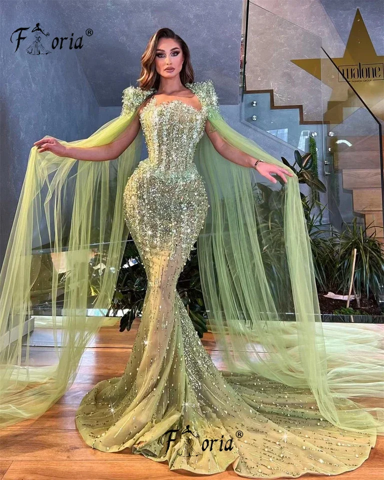 Delicate Green Crystal Stones Evening Dresses with Detachable Long Cape Beaded Mermaid Celebrity Party Gowns Prom Dress Party