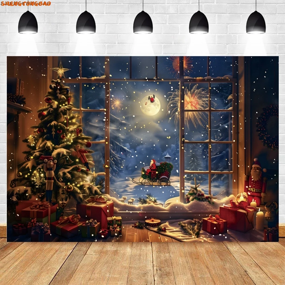 AI Christmas Tree Window Backdrop Gifts Wreath Baby Kids Portrait Xmas Party Photography Background Decor Photo Studio Props
