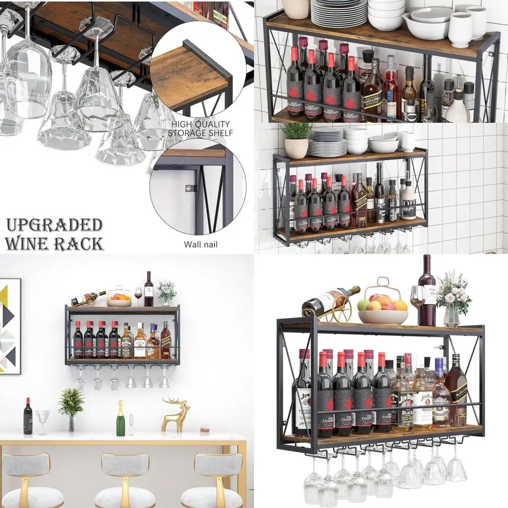 

2-уровневая деревянная настенная винная полка в деревенском стиле с промышленной железной рамой для кухни, столовой и домашнего бара (коричневая)