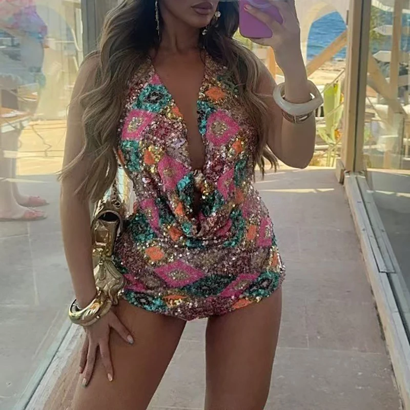 

Fashion Shiny Sequins Slim Fit Mini Skirt Set Elegant High Waist Backless 2Pc Outfits Women Sexy Sleeveless Tops & Skirt Suit