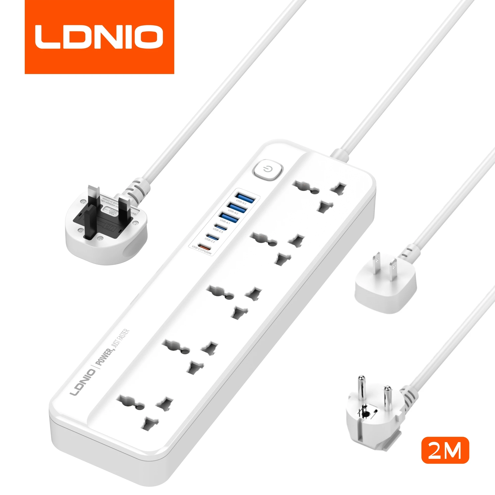 LDNIO Power Strip With 6 USB Fast Charger Type C 2M Thickened Power Cord Socket US UK EU Kr Plug High Capacity Surge Multi Tap