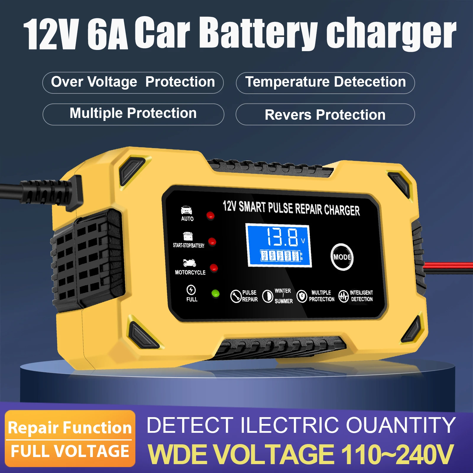 

Автомобильное зарядное устройство, автоматическое интеллектуальное устройство для хранения аккумуляторов 12 В, 6 А, подходит для автомобилей, грузовиков, внедорожников, мотоциклов