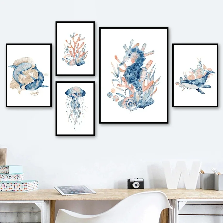 Ocean Animal Navy Blue Hamptons Sea Life Turtle Nursery Posters Prints Canvas Painting Nordic Wall Art Baby Kids Room Decor