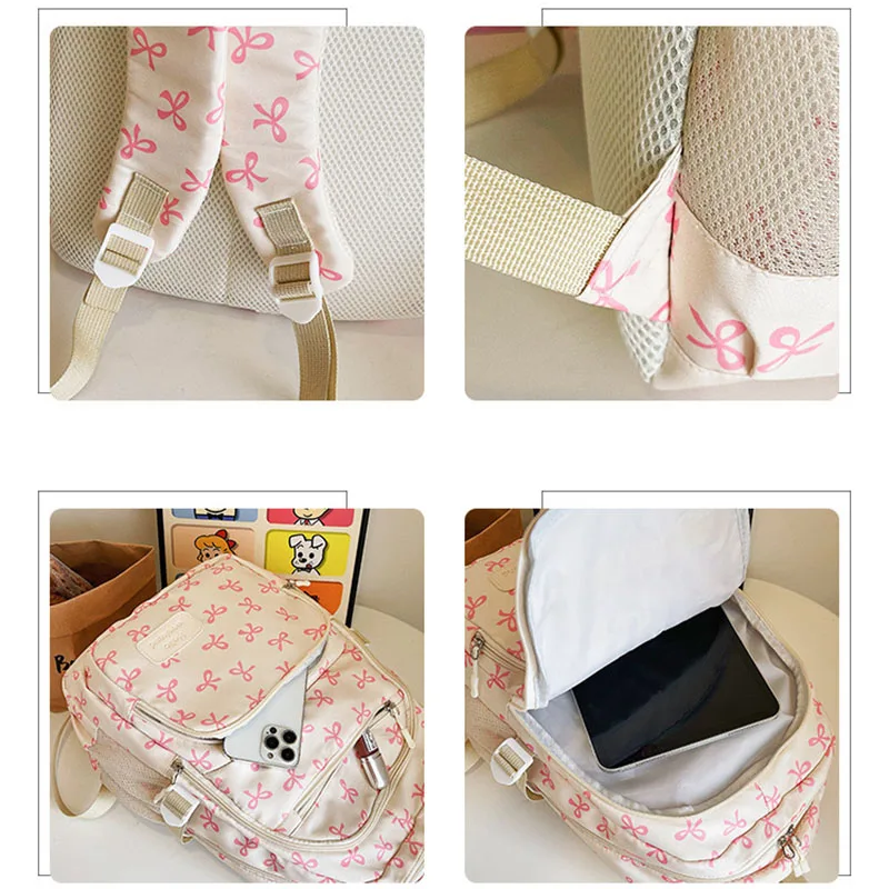 ชุดกระเป๋าเป้สะพายหลังลายโบว์น่ารักสำหรับเด็กผู้หญิง 3 ชิ้น น้ำหนักเบา เรียบง่าย เหมาะสำหรับนักเรียน  กระเป๋าเดินทางใส่โน้ตบุ๊คได้  จุของได้เยอะ