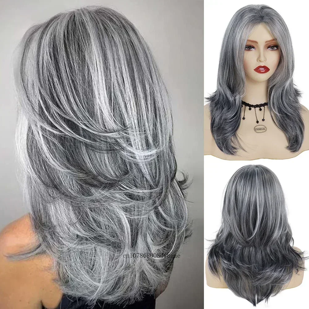 Old Grandma Silver Grey Wig Synthetic Long Wave Wig for Women Natural Looking Middle Parting Wigs Daily Cosplay Costume Party