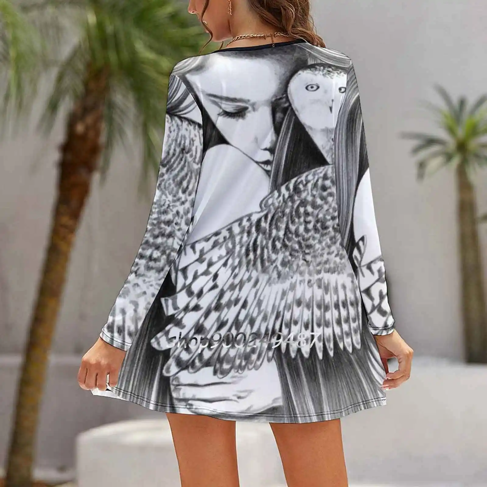 Kiss Women Spring Autumn Long Sleeve Dress Female Casual Dress Animals Birds Owl Snowy Owl Spirit Animal Moon Womens Witch