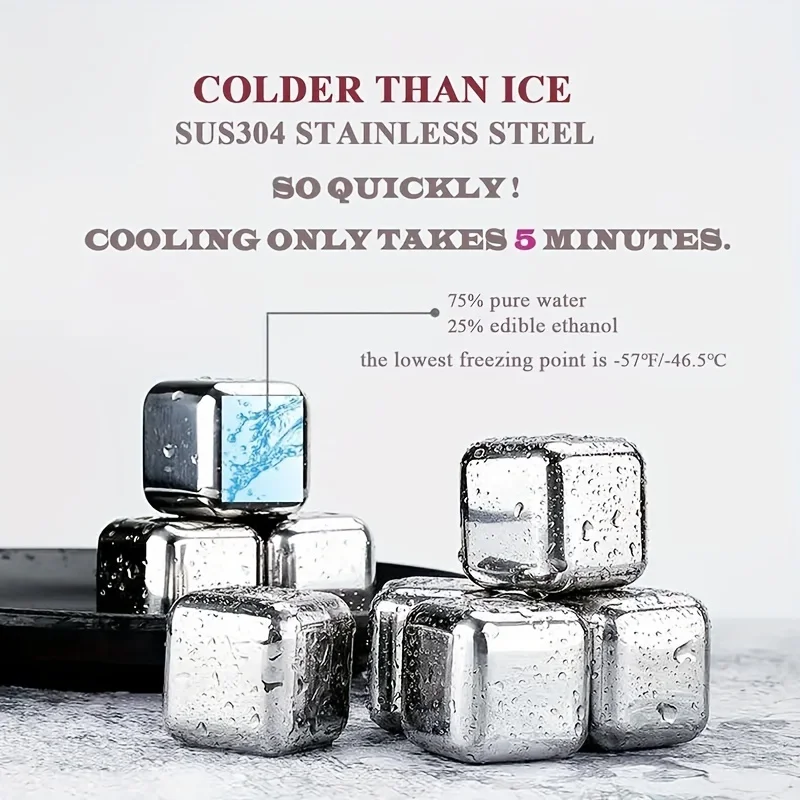Whiskey Chilling Stones Stainless Steel Reusable Ice Cube for Drinking Ice Beer Soda Stone Fast Freeze Box Packaging with Clip view 5