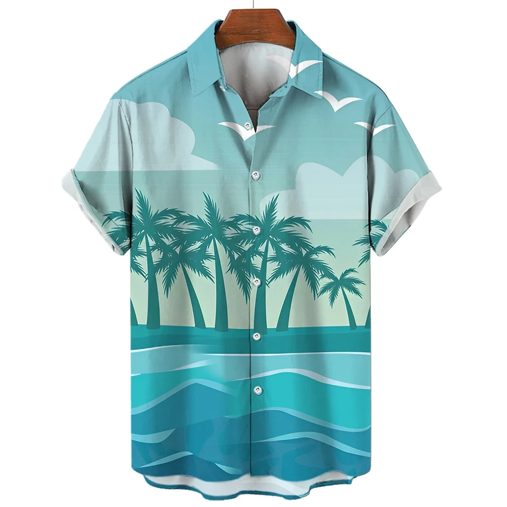 

Summer seaside sunset palm tree print short-sleeved shirt for men and women button-up fashion shirt short-sleeved top