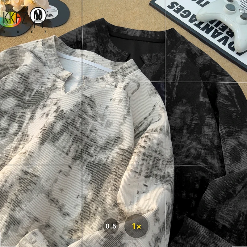 Male Streetwear Gradient Dye Long Sleeve Top Crew Neck Ink Splash Print Oversized Fit For Various Autumn Daily Occasions