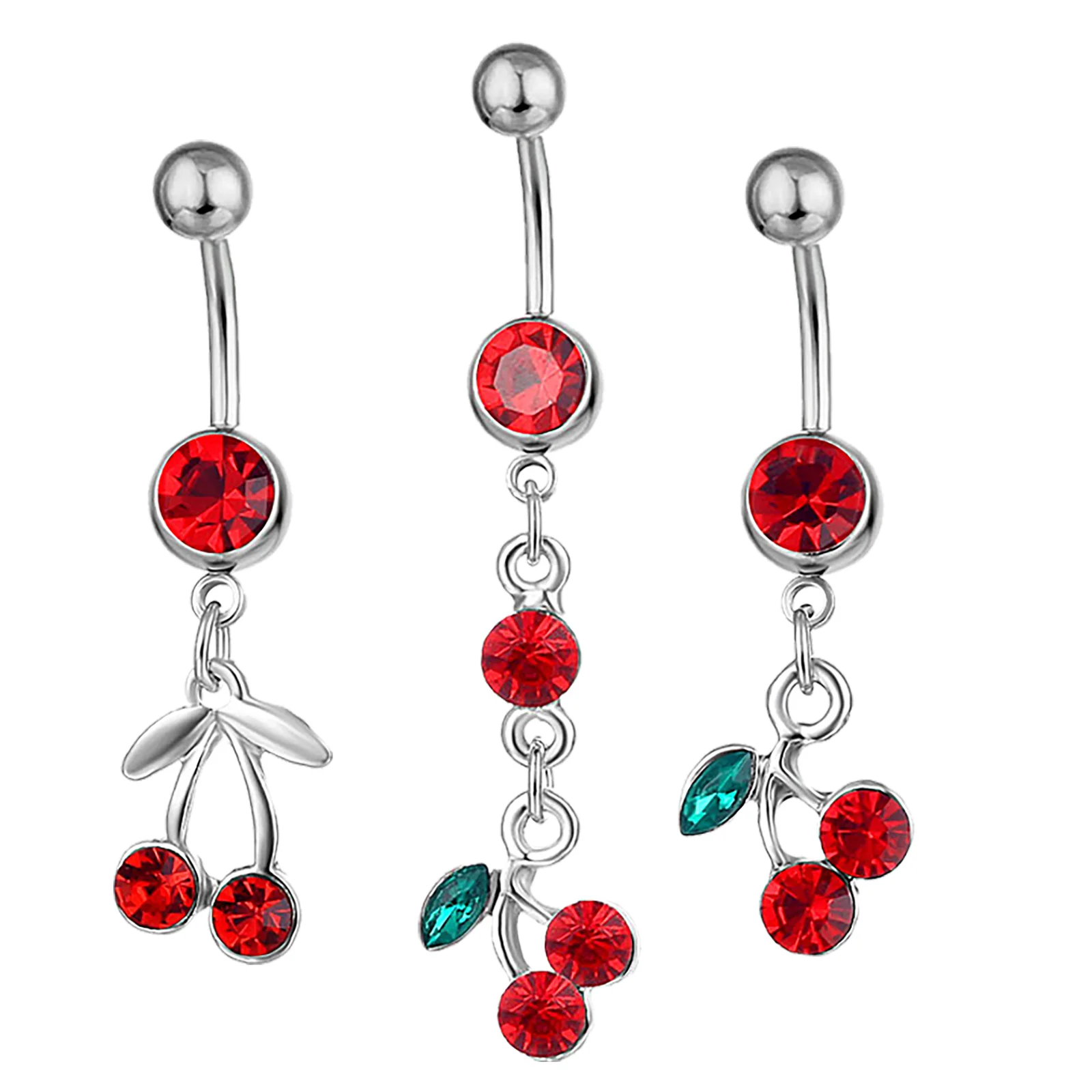 3 Pcs Fruit Cherry Navel Rhinestone Ring Charm Metal Body Piercing Jewelry Crystal Belly Button