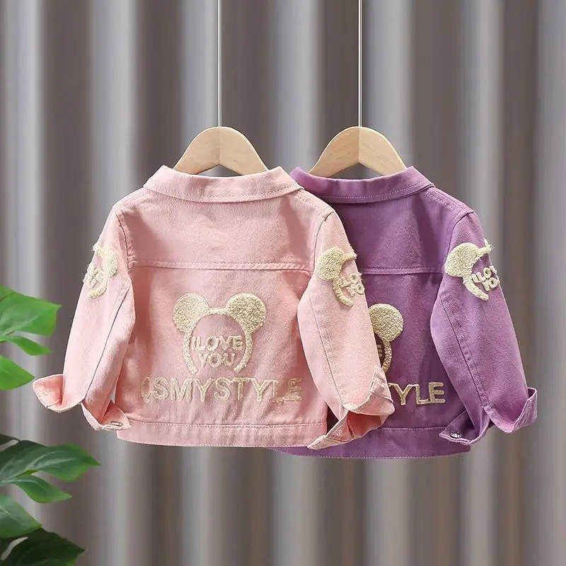 Spring Autumn Baby Girls Denim Jacket Children\'s Cartoon Letter Pattern Top Fashion Pink Cowboys Cardigan Kids Casual Coats 1-7Y