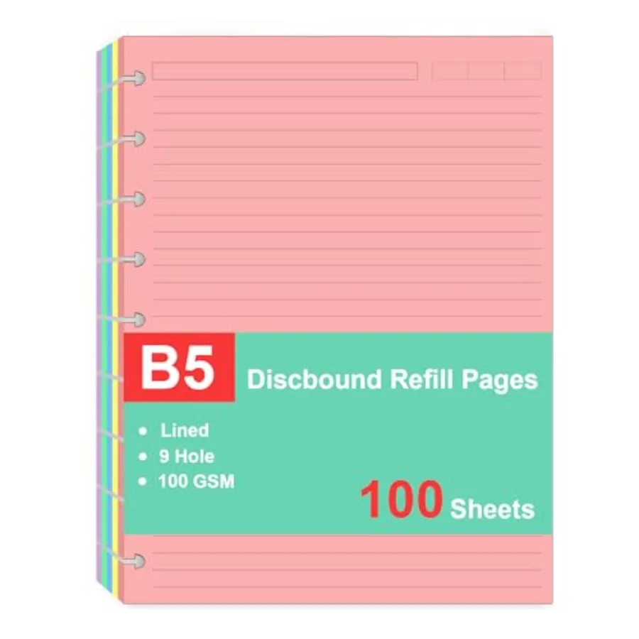 

9 Disc Discbound Refill Paper, Loose Leaf Paper, 9 Disc Prepunched Paper for Happy Planner Inserts, 5 Colors 20 Sheets/C,Total/