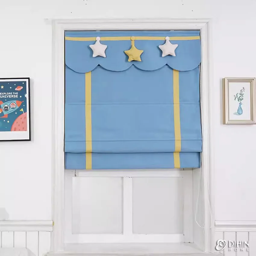 

Cartoon Blue With Yellow Trims Custom Made Roman Shades Light Filter/Blackout Window Blinds For Living Room Easy to Install