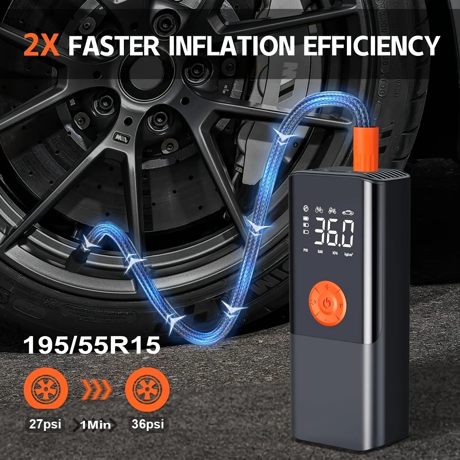 Portable Tire Inflator - Car Air Compressor with Digital Pressure Gauge - 150 PSI - Motorcycle, Electric Bike, and Bicycle Pump