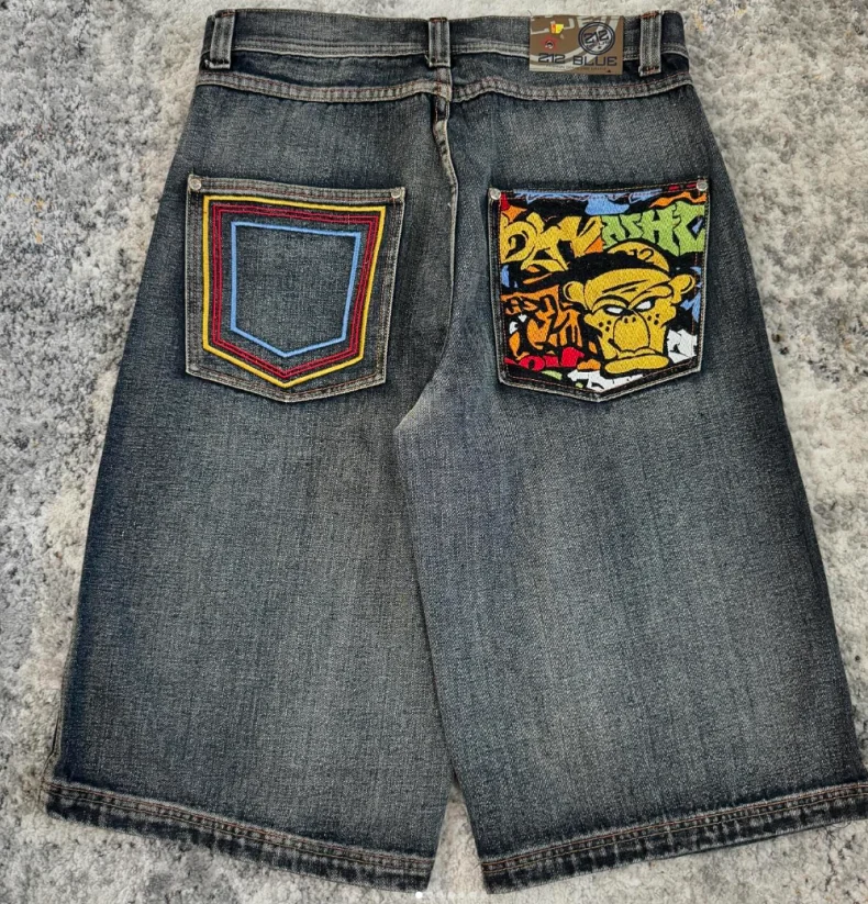 

Basic retro colorful letter printed denim shorts for men and women high street design niche casual wide leg straight jeans