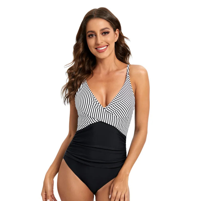 Minsu Swimsuit Women's New Swimsuit European and American Striped Spaghetti Straps One-Piece Swimsuit Sexy Backless Triangle Swi