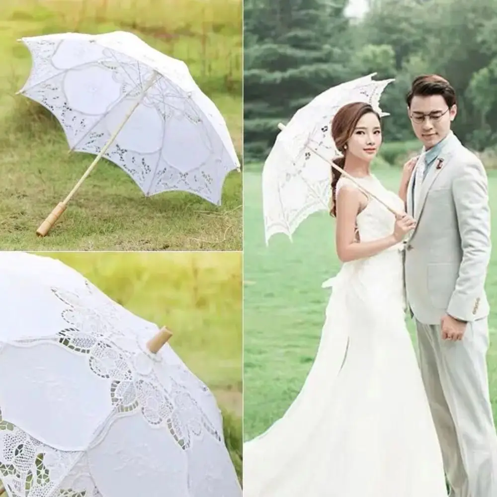 Embroidery Floral Wedding Lace Umbrella Hollowed Wooden Handle Prop Umbrella Cotton Black Parasol Umbrella Women image 4