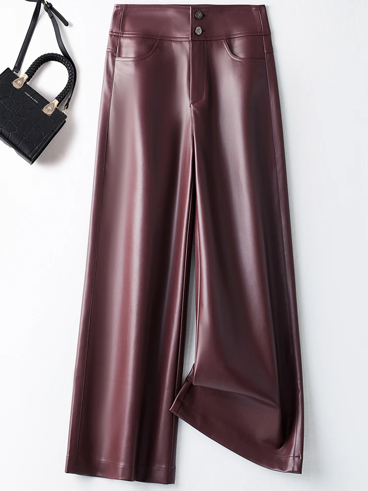 

Wide leg leather pants women's high waisted versatile straight leg loose double button design casual nine cropped pants