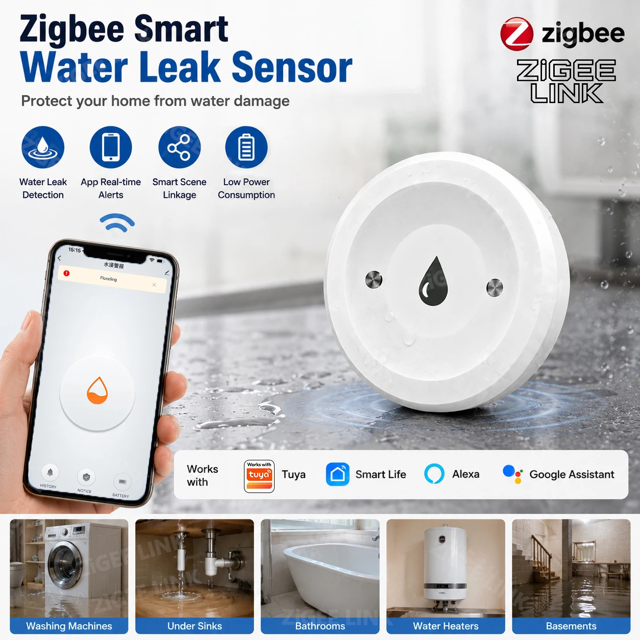 Zigbee Water Leakage Sensor Flood Overflow Security Detector APP Real-Time Remote Alert For Household Anti-Water-Leak Protection