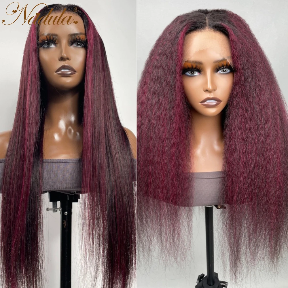 Nadula Hair Mixed 99J Burgundy Highlight Color Straight  Kinky Straight 13x4 Lace Front Wigs 150% Density For Women