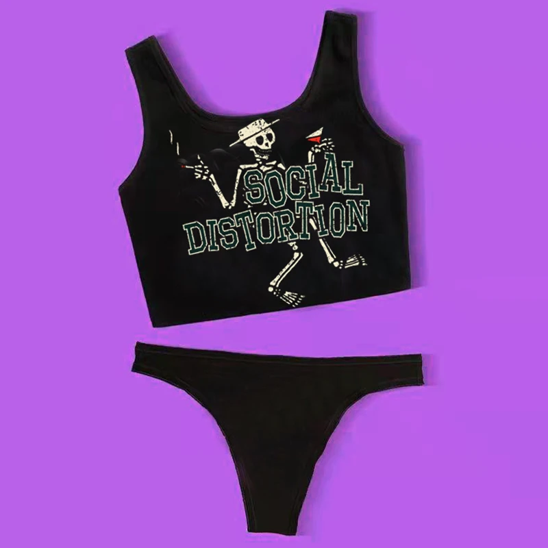 เซ็กซี่แบบกอธิคชุดว่ายน้ําผู้หญิง 2025 โครงกระดูกพิมพ์กีฬาเสื้อกั๊กทองชุดว่ายน้ําพังก์แยกชุดว่ายน้ํา