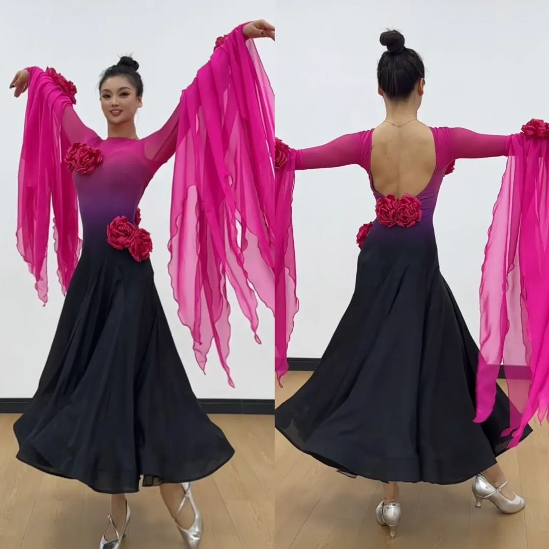 Gradient Colors Ballroom Dance Costume Waltz Dance Performance Clothes Long Sleeves Flower Long Dress Tango Fox-trot BL18392