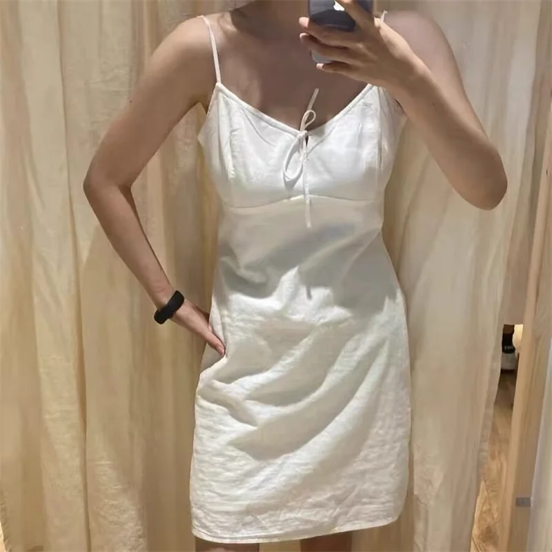 Sweet Women White Spaghetti Strap Dress 2024 Fashion Summer Ladies Elegant Slim Fit Dress Female Lace Solid Casual Short Dress