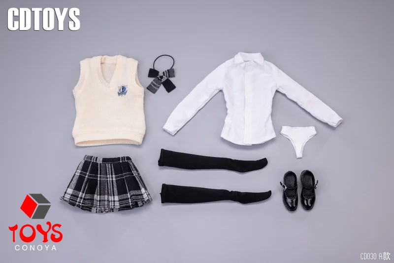 cdtoys cd030 1/6 Girl Knitted Vest Shirt Pleated Skirt Shoe Set Female Soldier School Clothes Model Fit 12'' Action Figure Body