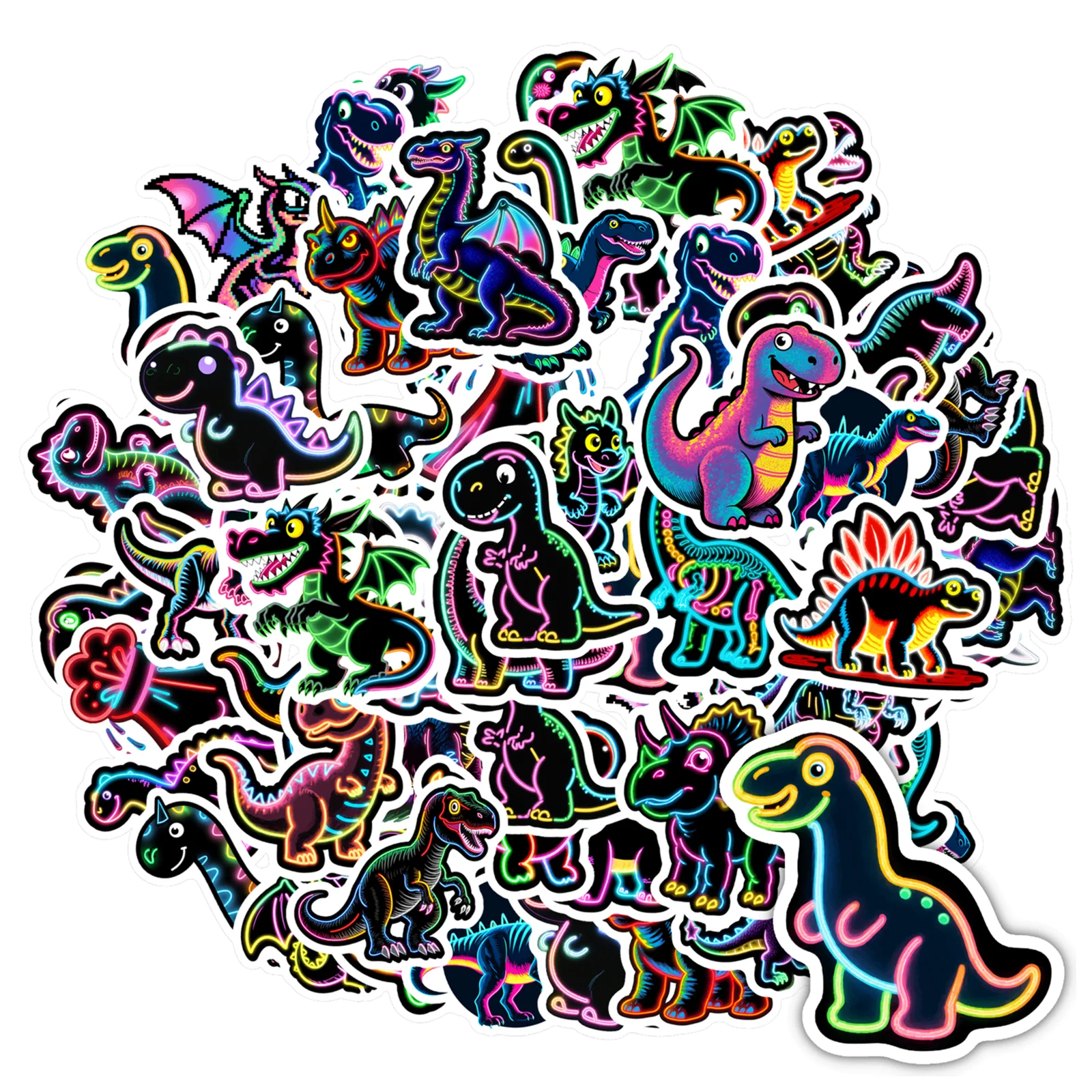 35pcs Playful Dinosaur Stickers Neon Prehistoric Sticker Pack Stickers For Laptop Motorcycle Luggage Phone Guitar DIY