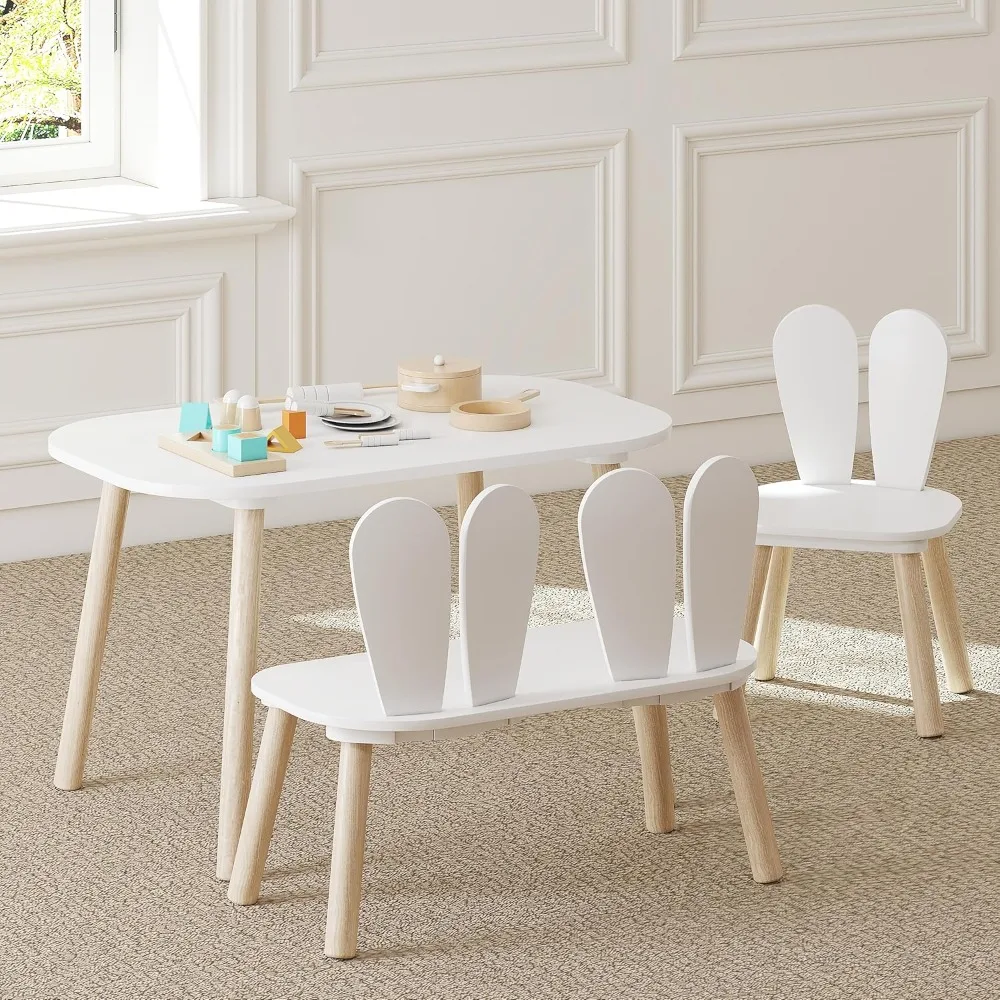 Ualer- Ensemble table et chaise pour enfants, table pour tout-petit avec chaise lapin et banc, table d'enfants en bois 3 pièces pour chambre d'enfant, salle d'irritation