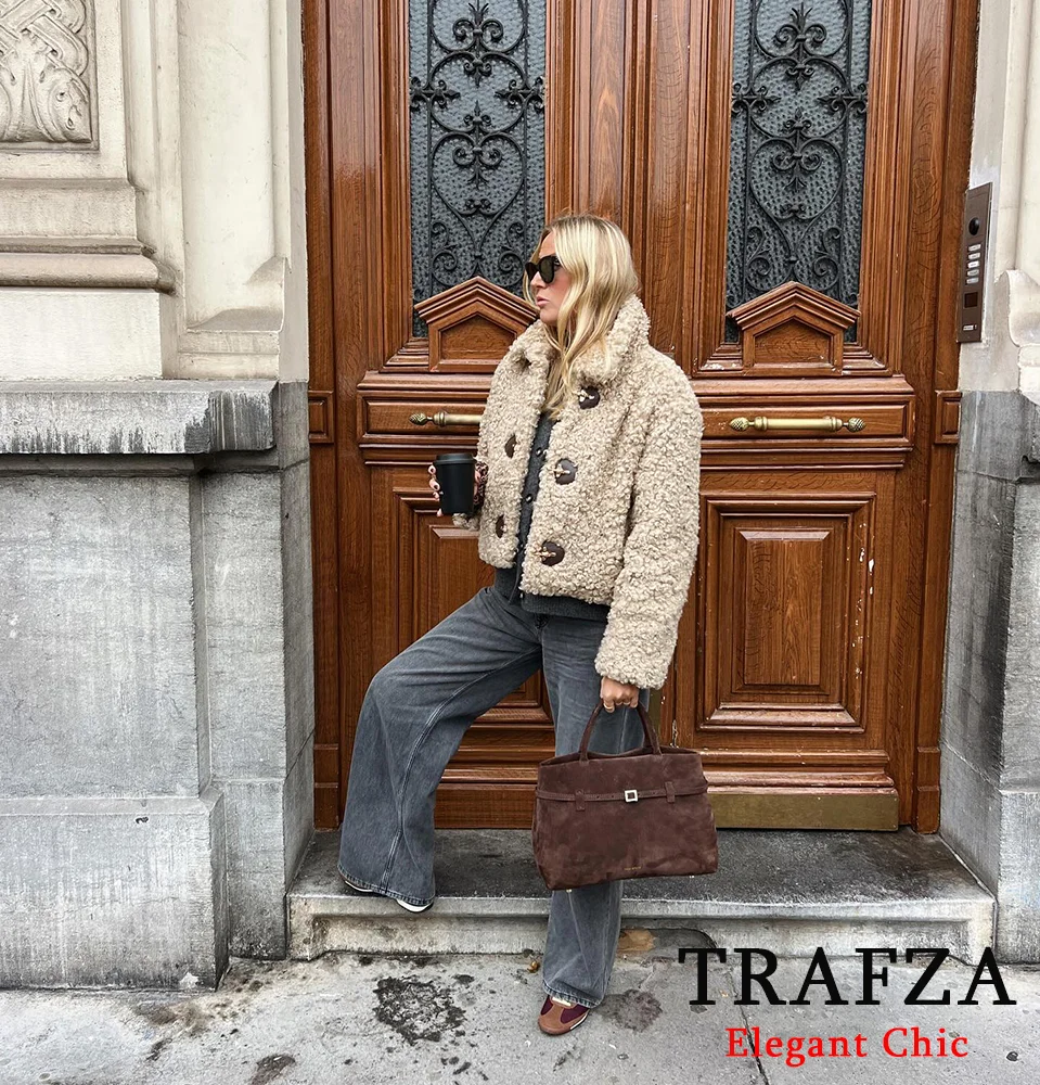 TRAFZA Women Fashion Fleece Loose Jacket Coat Shaggy String Button Lapel Jacket New 2025 Spring Fall Winter Blended Sweet Coat