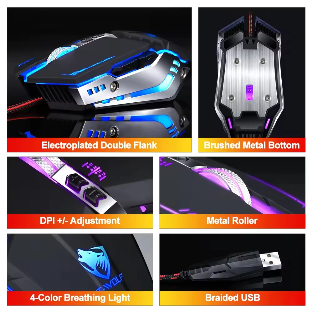 Breathing Light Ergonomic Computer Wired DPI 3200 USB Gaming Mouse With Macro Programming